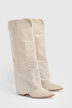 boohoo Bottes Western Hautes À Revers Orné De Strass< Bottes|Bottes Hautes