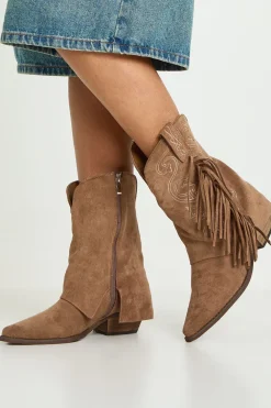 boohoo Bottes Western Mi-mollet En Faux Suède Avec Revers Et Détail Pompon< Bottes|Bottes En Daim