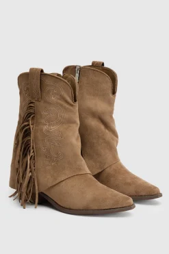 boohoo Bottes Western Mi-mollet En Faux Suède Avec Revers Et Détail Pompon< Bottes|Bottes En Daim