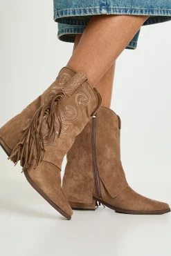 boohoo Bottes Western Mi-mollet En Faux Suède Avec Revers Et Détail Pompon< Bottes|Bottes En Daim