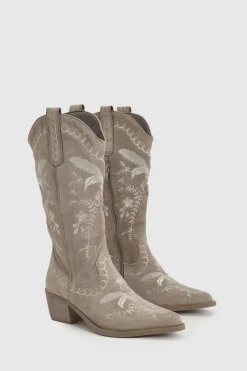Bottes Western Mi-mollet En Faux Suède Avec Détails Brodés