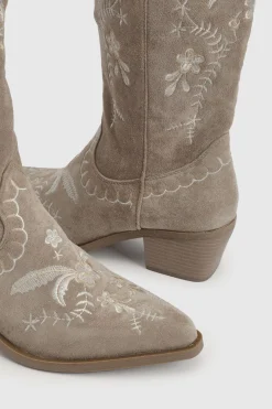 Bottes Western Mi-mollet En Faux Suède Avec Détails Brodés