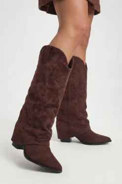 Bottes Western Montantes À Broderies Avec Revers Coupe Large