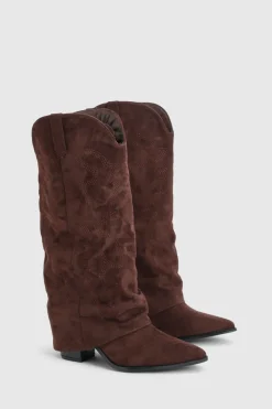 Bottes Western Montantes À Broderies Avec Revers Coupe Large