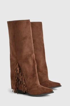 Bottes western montantes en synthétique suédé à revers avec détails de franges