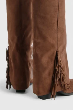 Bottes western montantes en synthétique suédé à revers avec détails de franges