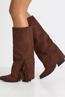 Bottes western montantes en synthétique suédé à revers avec détails de franges