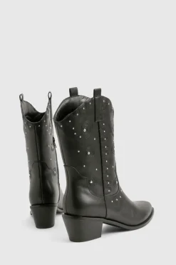 boohoo Bottes Western à Talon avec Détails Gaufrés et à Clous< Bottes|Bottes Noires