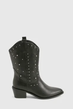 boohoo Bottes Western à Talon avec Détails Gaufrés et à Clous< Bottes|Bottes Noires