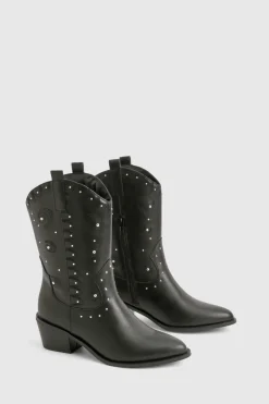 boohoo Bottes Western à Talon avec Détails Gaufrés et à Clous< Bottes|Bottes Noires