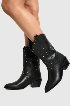 boohoo Bottes Western à Talon avec Détails Gaufrés et à Clous< Bottes|Bottes Noires