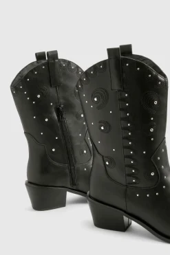 boohoo Bottes Western à Talon avec Détails Gaufrés et à Clous< Bottes|Bottes Noires
