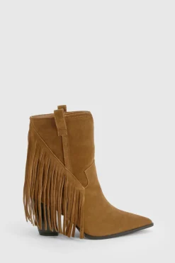 Botte western à la cheville à talon en synthétique, coupe large, ornée de franges et pampilles