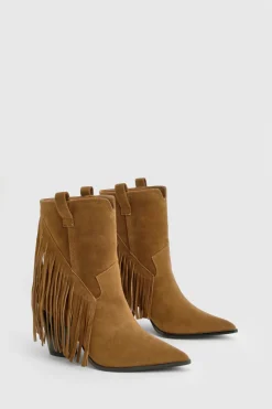 Botte western à la cheville à talon en synthétique, coupe large, ornée de franges et pampilles