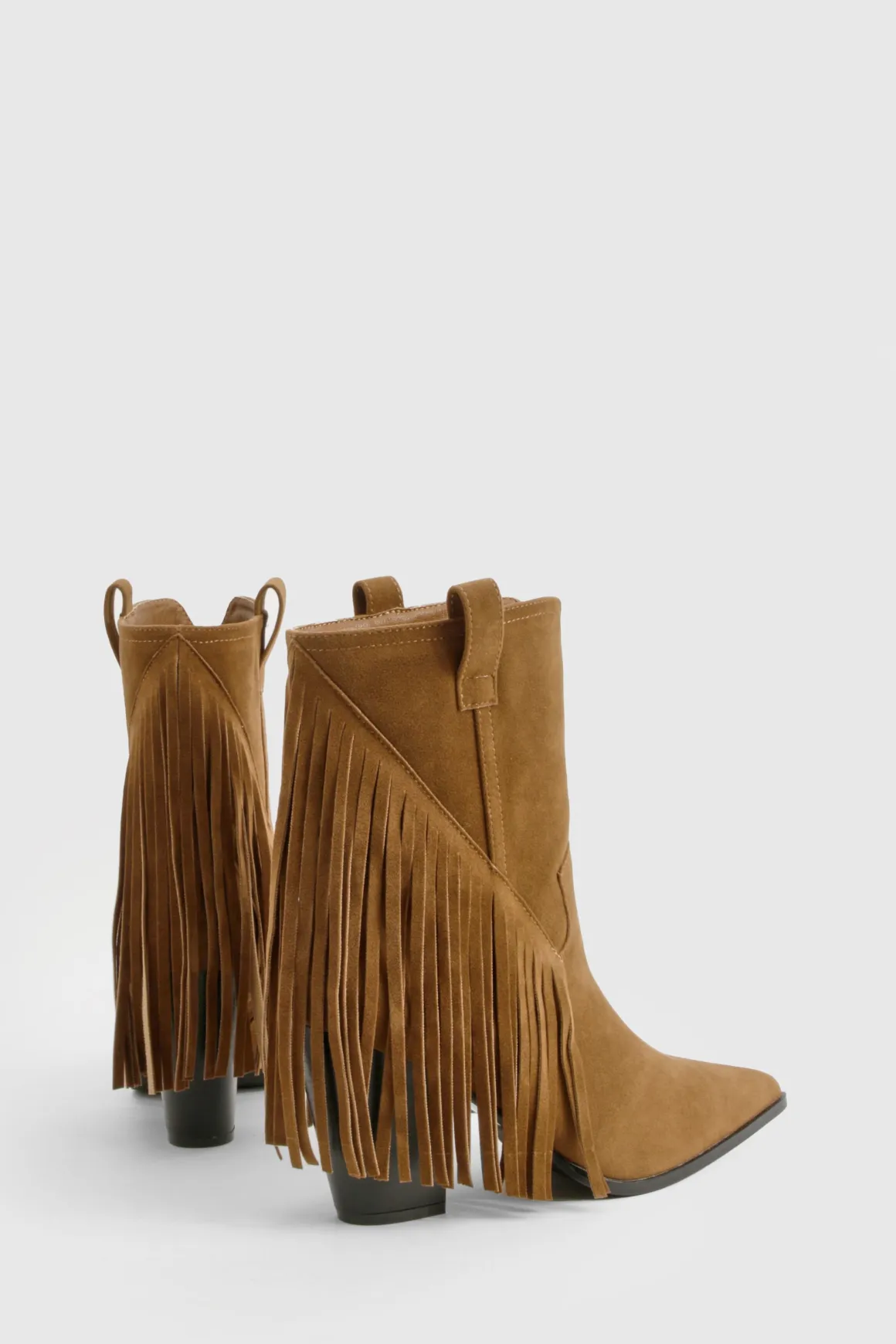 Botte western à la cheville à talon en synthétique, coupe large, ornée de franges et pampilles