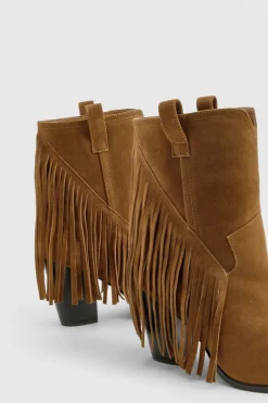 Botte western à la cheville à talon en synthétique, coupe large, ornée de franges et pampilles