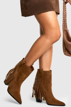 Botte western à la cheville à talon en synthétique, coupe large, ornée de franges et pampilles