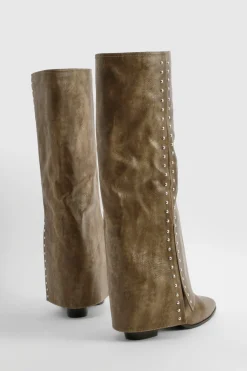 boohoo Botte Western Usée À Détails Cloutés Et Revers Coupe Large< Bottes|Santiags