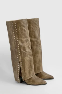 boohoo Botte Western Usée À Détails Cloutés Et Revers Coupe Large< Bottes|Santiags