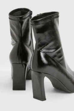 Bottines Chaussettes à Talon Bloc Vernis Plissé Coupe Large