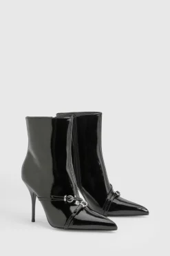 boohoo Bottines cheville stilettos à détail de boucle laquée< Bottines|Bottes Noires