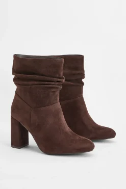 boohoo Bottines À Talon Bloc En Synthétique Froncées Coupe Large< Looks Chocolat|Bottes Mi-Hautes