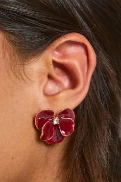 Boucles d'oreilles clous bourgogne à motif floral