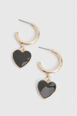 boohoo Boucles d'oreilles créoles pendentives en émail noir en forme de cœur< Boucles D'Oreilles