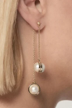 KarenMillen Boucles d'oreilles logo double cascade avec perles plaquées or 14k< Boucles D'Oreilles