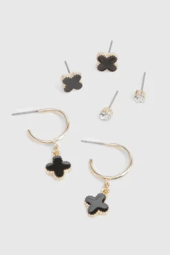 Boucles d'oreilles trèfle en émail noir 3 pièces