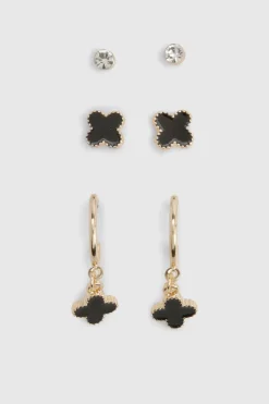 Boucles d'oreilles trèfle en émail noir 3 pièces