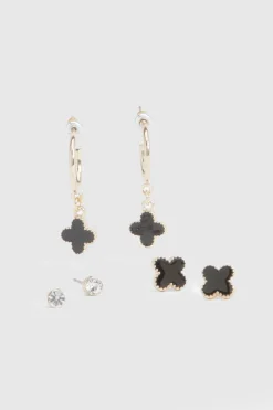 Boucles d'oreilles trèfle en émail noir 3 pièces