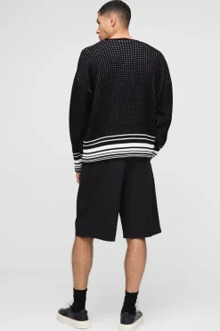 Boxy Crochet Look Stripe V Neck Knitted Jumper