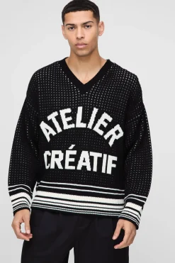 Boxy Crochet Look Stripe V Neck Knitted Jumper