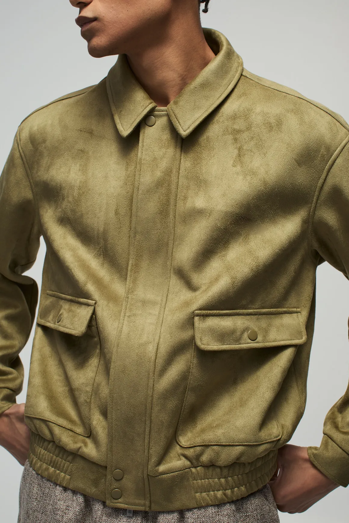 Boxy Faux Suede Utility Pocket Harrington Jacket