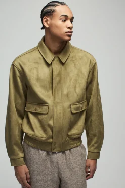 Boxy Faux Suede Utility Pocket Harrington Jacket