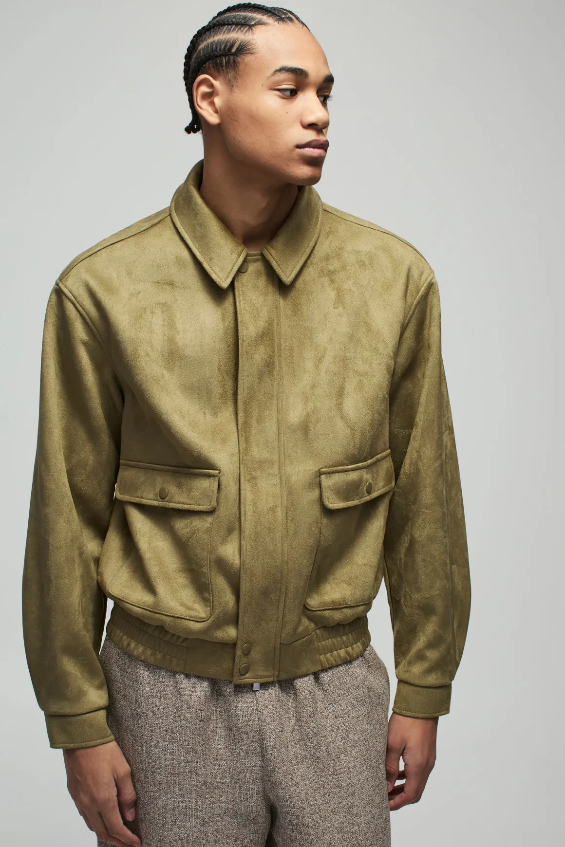 Boxy Faux Suede Utility Pocket Harrington Jacket
