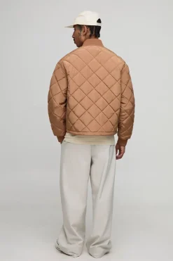 Boxy Fit Embroidered Diamond Quilted Nylon Bomber Jacket