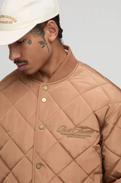 Boxy Fit Embroidered Diamond Quilted Nylon Bomber Jacket
