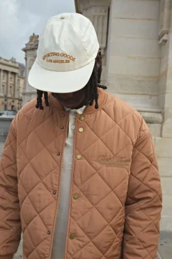 Boxy Fit Embroidered Diamond Quilted Nylon Bomber Jacket