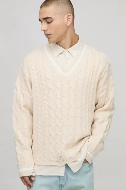 Boxy pull à col en V tricoté à câble avec ourlet effiloché