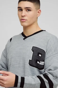 Boxy Pull Varsity Effet usé à encolure en V