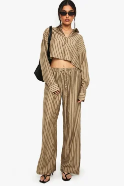 boohoo Boxy Stripe Long Sleeve Shirt & Wide Leg Trousers Beach Co-Ord<Femme Ensembles|Tenues De Plage