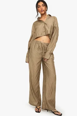 boohoo Boxy Stripe Long Sleeve Shirt & Wide Leg Trousers Beach Co-Ord<Femme Ensembles|Tenues De Plage