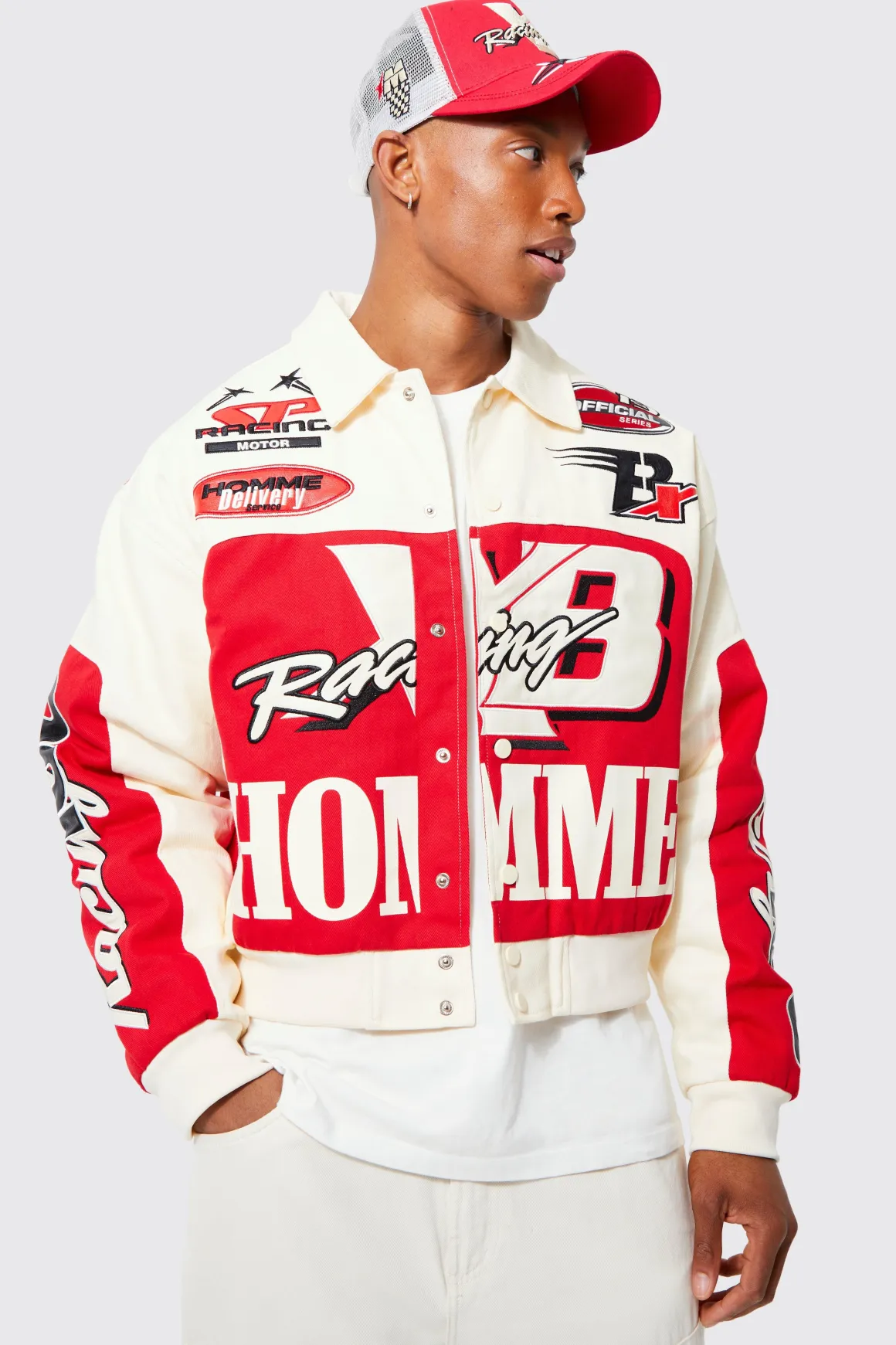 Boxy Twill Homme Moto Bomber Jacket