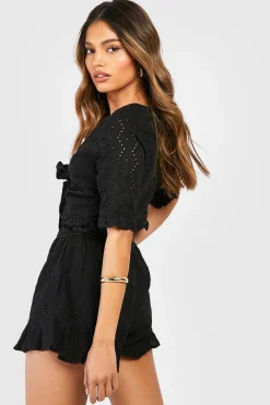 boohoo Broderie Top Noué & Shorts à Ourlet Volant<Femme Ensembles