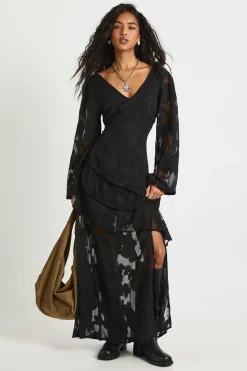 Burnout Floral Frill Detail Maxi Dress