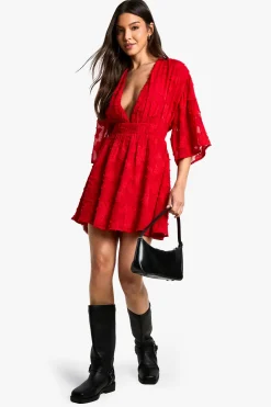 Burnout Floral Plunge Skater Dress