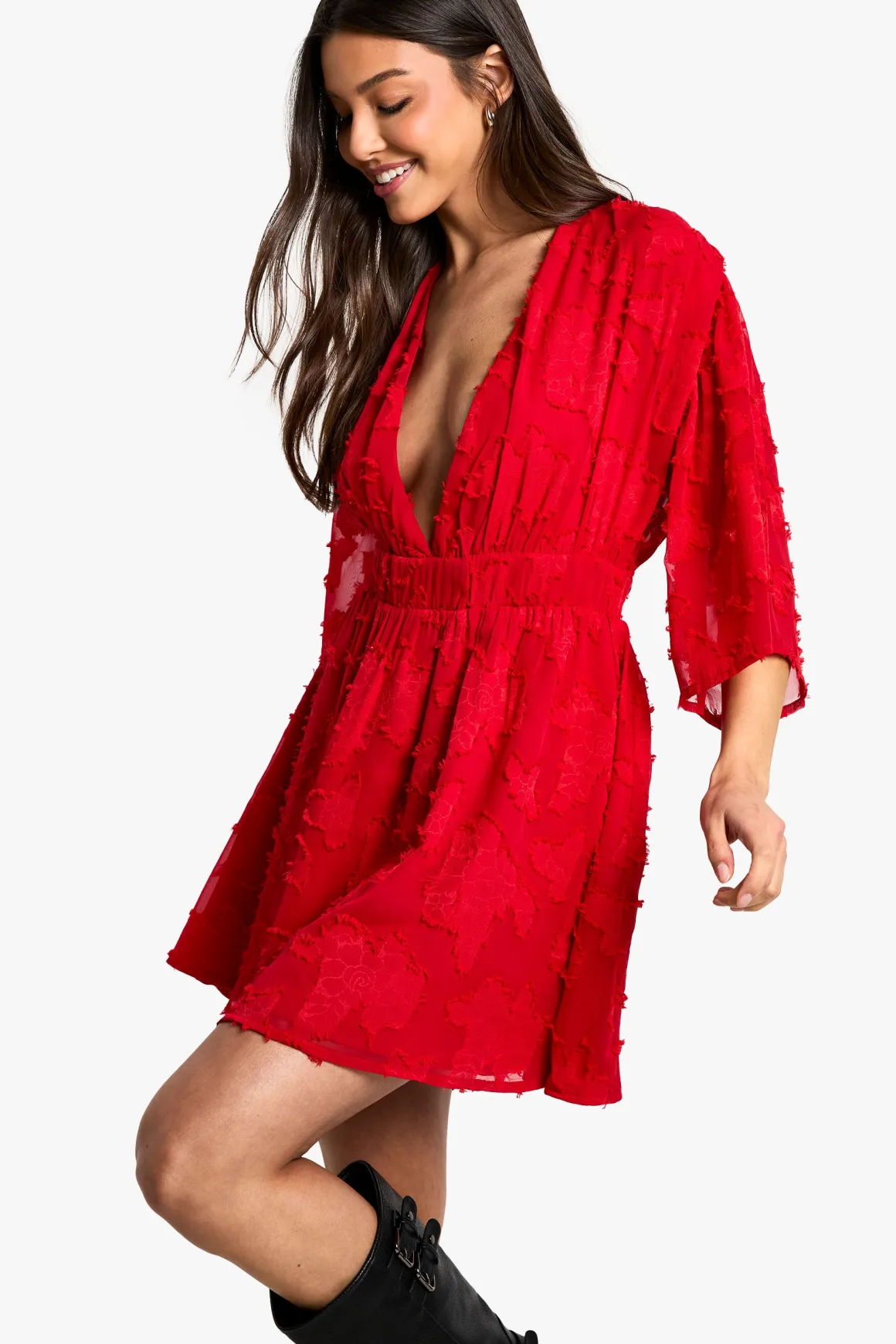 Burnout Floral Plunge Skater Dress