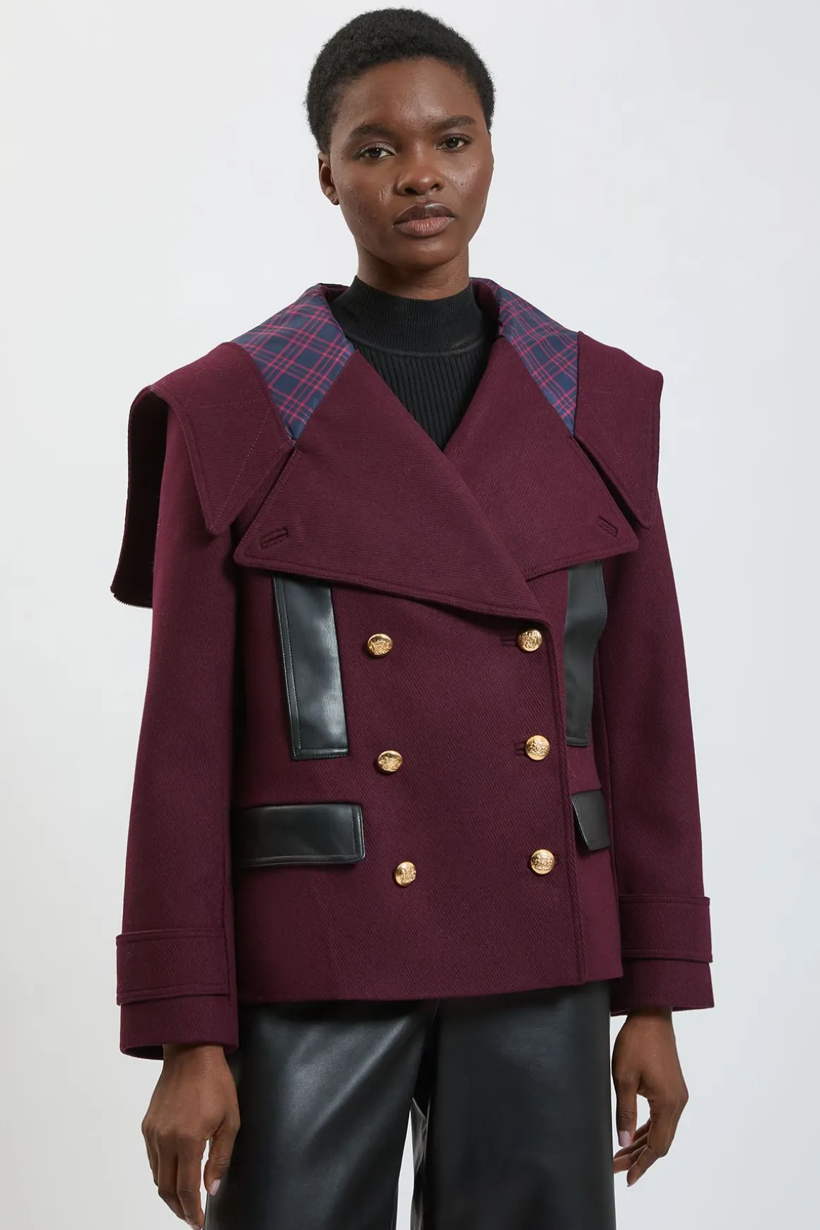Caban En Mélange De Laine Et Synthétiquecuir